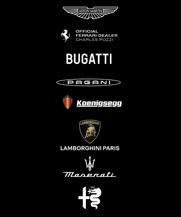 Logos Aston Martin, Ferrari Charles Pozzi, Bugatti, Pagani, Koenigsegg, Lamborhini Paris, Alpha Romeo, Mazerati