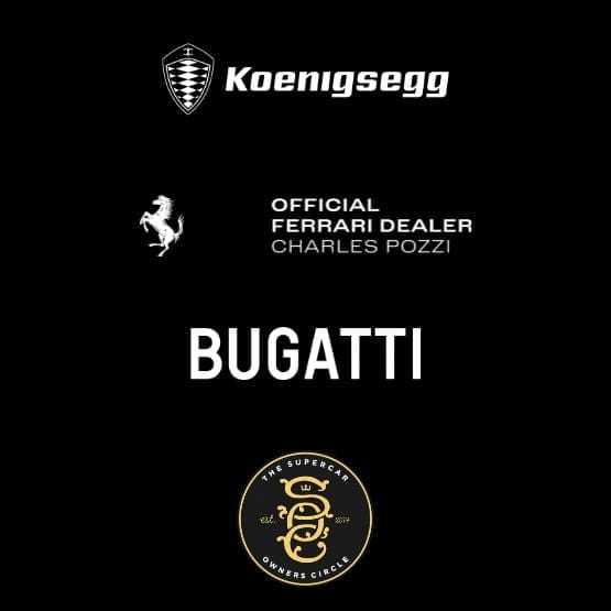 Logos de Koenigsegg, Pagani, Ferrari dealer, Bugatti and Supercar Owner logos sur un fond noir
